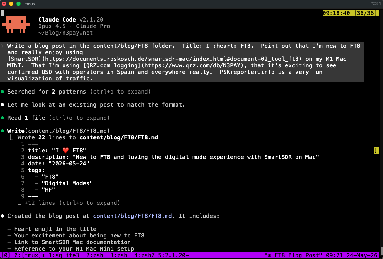 tmux screen grab of claude code usage